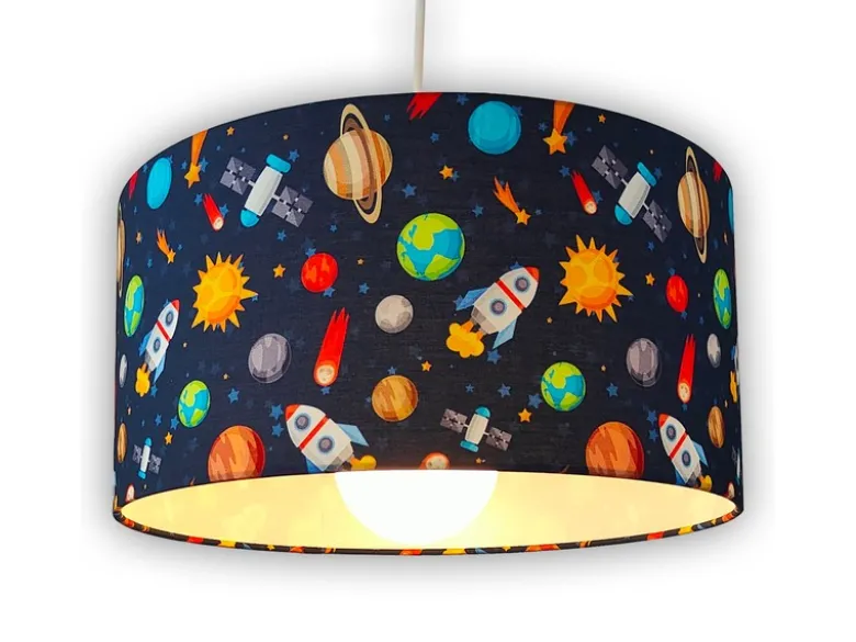 Coole Weltall Hängelampe für Kinderzimmer mit Stoffschirm, bunt Ø 35cm