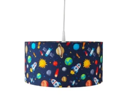 Coole Weltall Hängelampe für Kinderzimmer mit Stoffschirm, bunt Ø 35cm