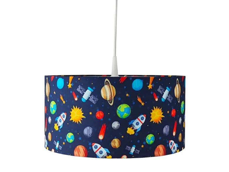 Coole Weltraum LED Hängelampe für Kinderzimmer mit Stoffschirm, bunt Ø 35cm