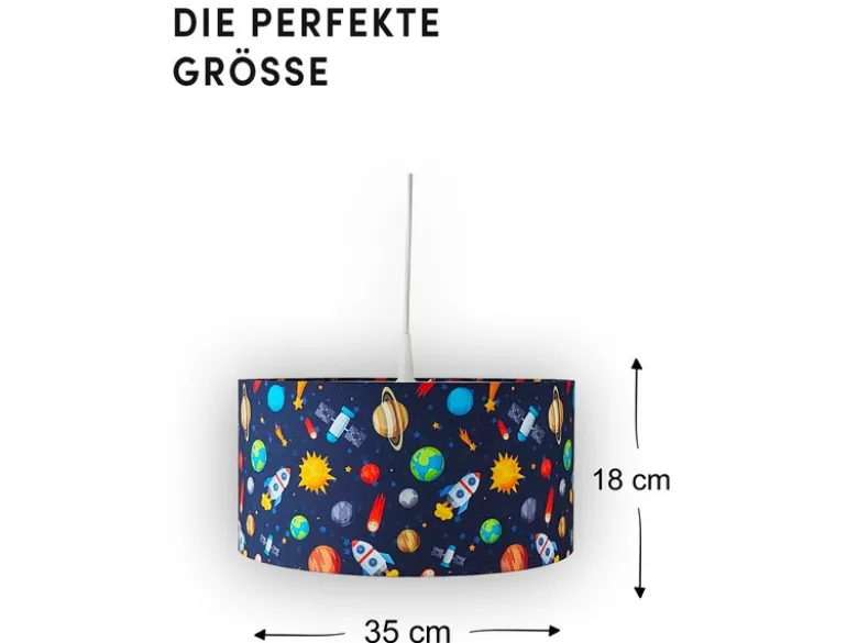 Coole Weltraum LED Hängelampe für Kinderzimmer mit Stoffschirm, bunt Ø 35cm