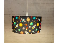 Coole Weltraum LED Hängelampe für Kinderzimmer mit Stoffschirm, bunt Ø 35cm