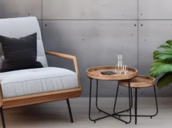 Couchtisch 2 teilig rund Metallgestell Schwarz, Tischplatte Holzoptik