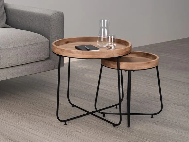 Couchtisch 2 teilig rund Metallgestell Schwarz, Tischplatte Holzoptik