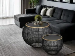 Couchtisch MIKA 2 teilig - Korbtisch Metall in Schwarz mit Goldakzenten
