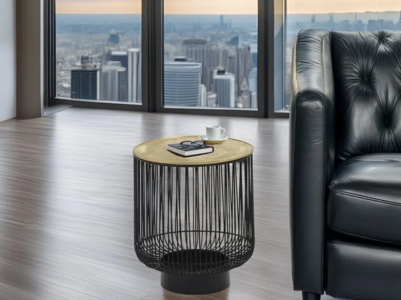 Couchttisch 2 teilig Korbtisch Metall Schwarz mit Tischplatte Gold, Höhe 46cm