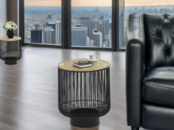 Couchttisch 2 teilig Korbtisch Metall Schwarz mit Tischplatte Gold, Höhe 46cm