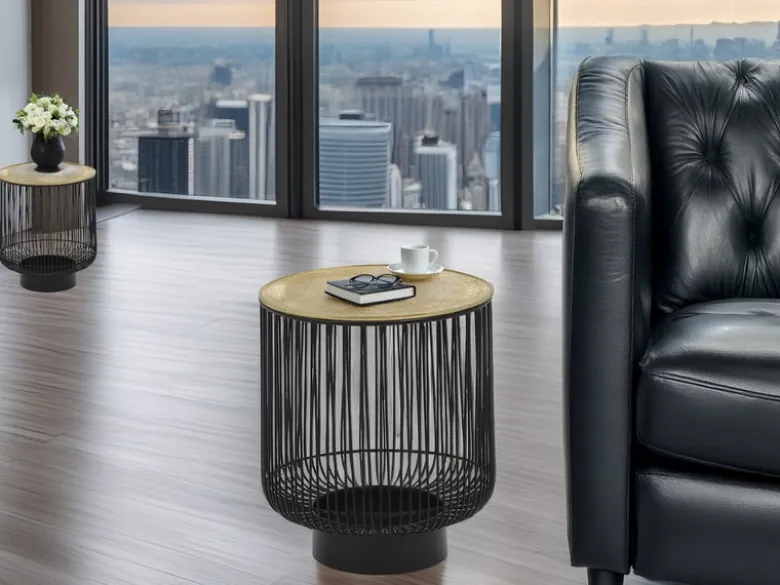 Couchttisch 2 teilig Korbtisch Metall Schwarz mit Tischplatte Gold, Höhe 46cm