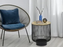 Couchttisch 2 teilig Korbtisch Metall Schwarz mit Tischplatte Gold, Höhe 46cm