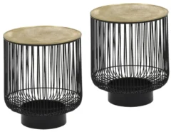 Couchttisch 2 teilig Korbtisch Metall Schwarz mit Tischplatte Gold, Höhe 46cm