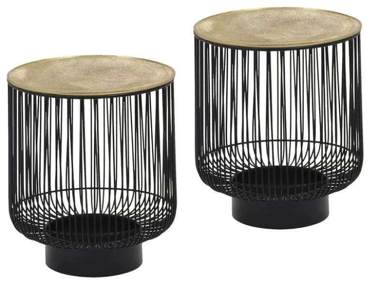 Couchttisch 2 teilig Korbtisch Metall Schwarz mit Tischplatte Gold, Höhe 46cm