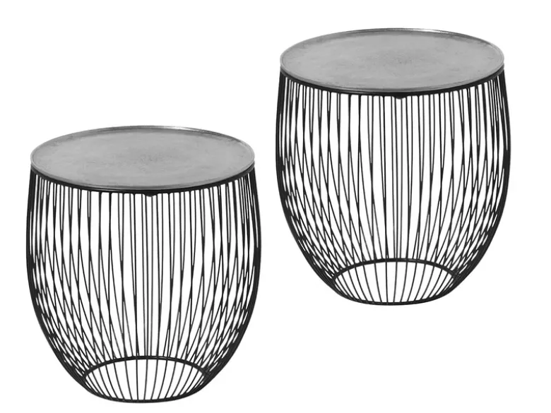 Couchttisch 2 teilig Korbtisch Metall Schwarz mit Tischplatte Silber, Höhe 42cm
