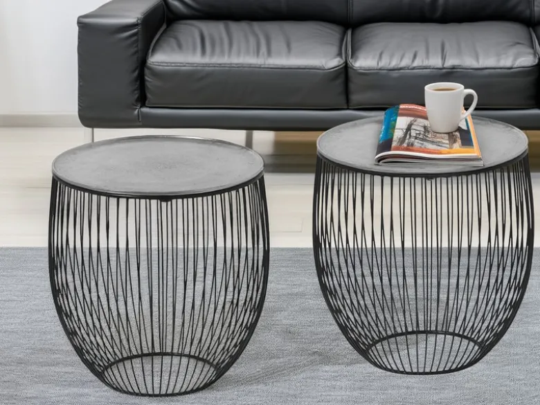 Couchttisch 2 teilig Korbtisch Metall Schwarz mit Tischplatte Silber, Höhe 42cm