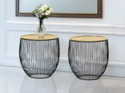 Couchttisch 2 teilig Korbtisch Metall Schwarz mit Tischplatte Gold, Höhe 42cm