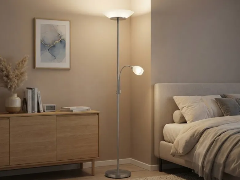 Deckenfluter GERRY mit Flex Leselampe, Silber & Glasschirm Weiß, Höhe 180cm