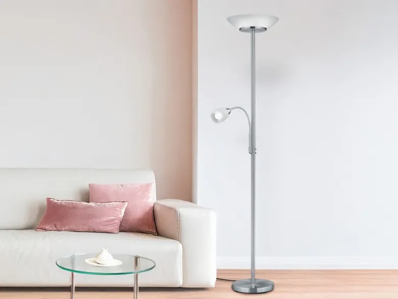 Deckenfluter GERRY mit Flex Leselampe, Silber & Glasschirm Weiß, Höhe 180cm