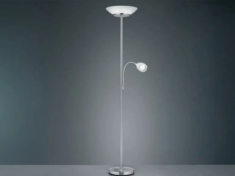 Deckenfluter GERRY mit Flex Leselampe, Silber & Glasschirm Weiß, Höhe 180cm