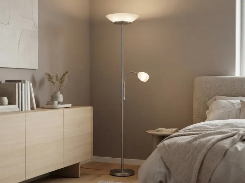Deckenfluter GERRY mit Flex Leselampe, Silber & Glasschirm Weiß, Höhe 180cm