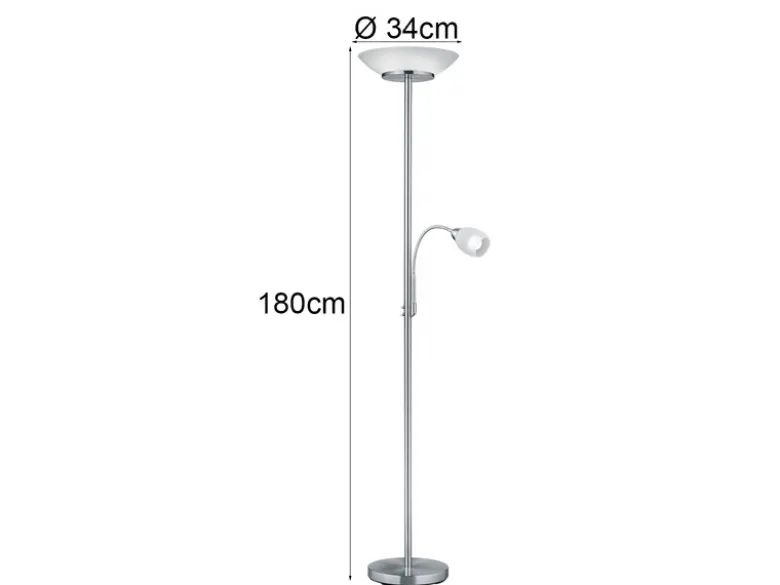 Deckenfluter GERRY mit Flex Leselampe, Silber & Glasschirm Weiß, Höhe 180cm