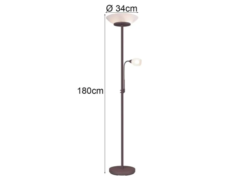 Deckenfluter GERRY mit Flex Leselampe, Rostoptik & Glas Weiß, Höhe 180cm