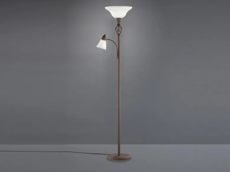 Deckenfluter mit Leselampe Rostoptik, Glasschirm Weiß inkl. LEDs, Höhe 180cm