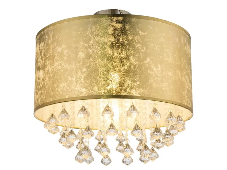 Deckenleuchte AMY mit Stoff Lampenschirm Gold & Kristall Behang, Ø 40cm