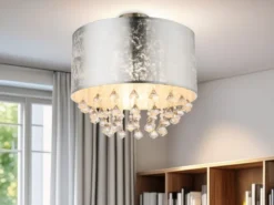 Deckenleuchte AMY mit Stoff Lampenschirm Silber & Kristall Behang, Ø 40cm