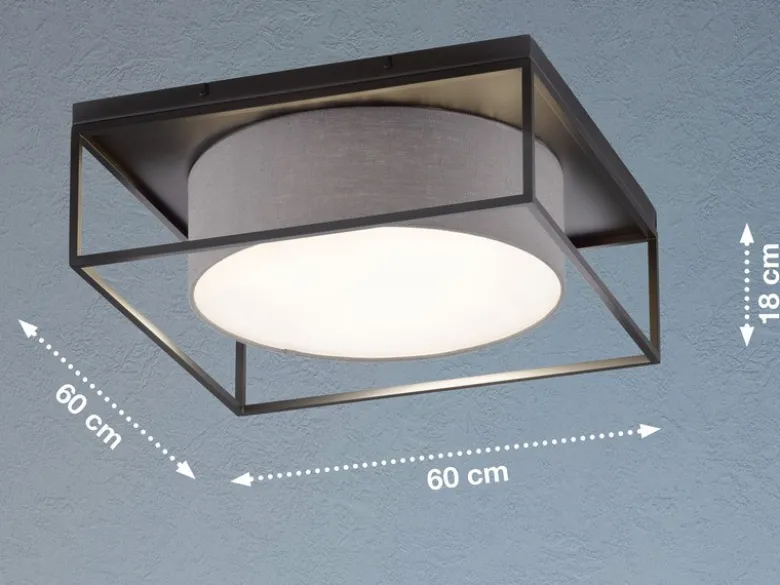 Deckenleuchte CARRE eckig groß mit Leinen Stoffschirm Grau, Quadrat 60cm