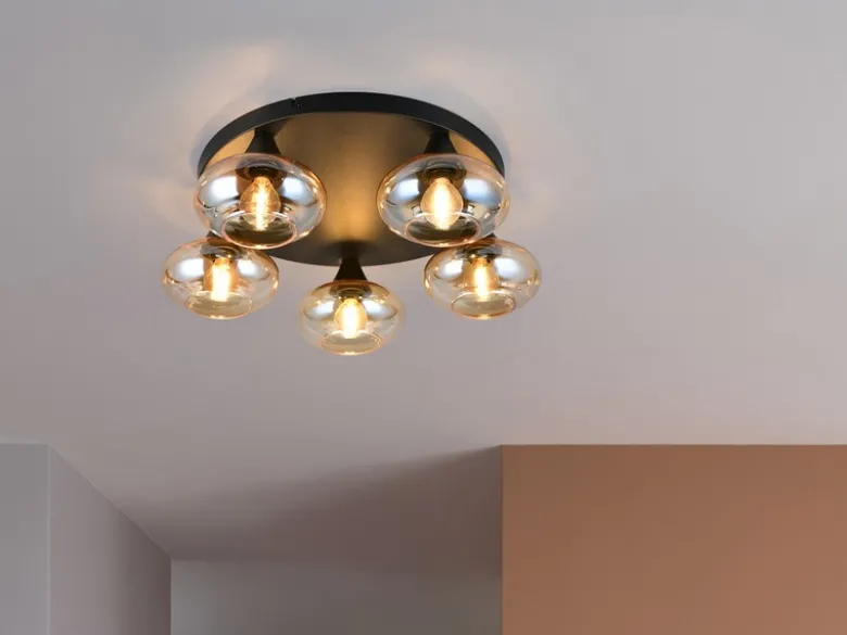 Deckenleuchte DIVINA rund mit 5 Glas Lampenschirmen Bernsteinfarbig, Ø 49cm