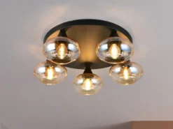 Deckenleuchte DIVINA rund mit 5 Glas Lampenschirmen Bernsteinfarbig, Ø 49cm