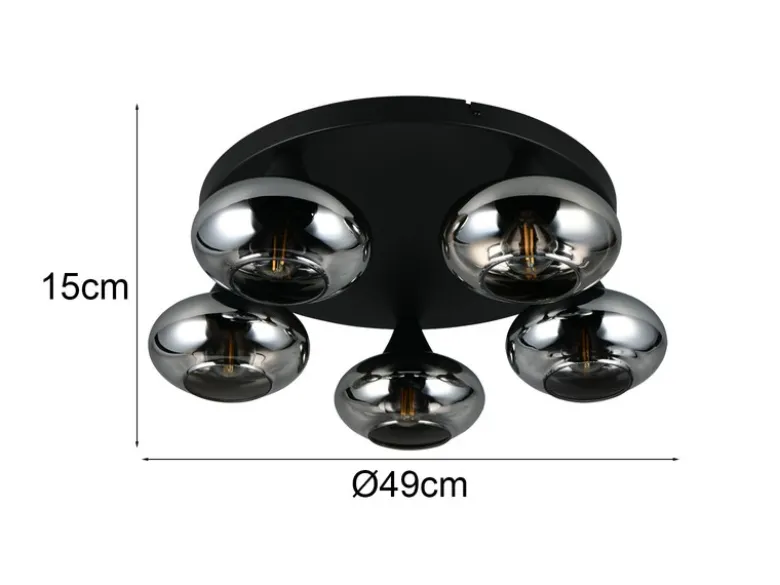 Deckenleuchte DIVINA rund mit 5 Rauchglas Lampenschirmen, Ø 49cm