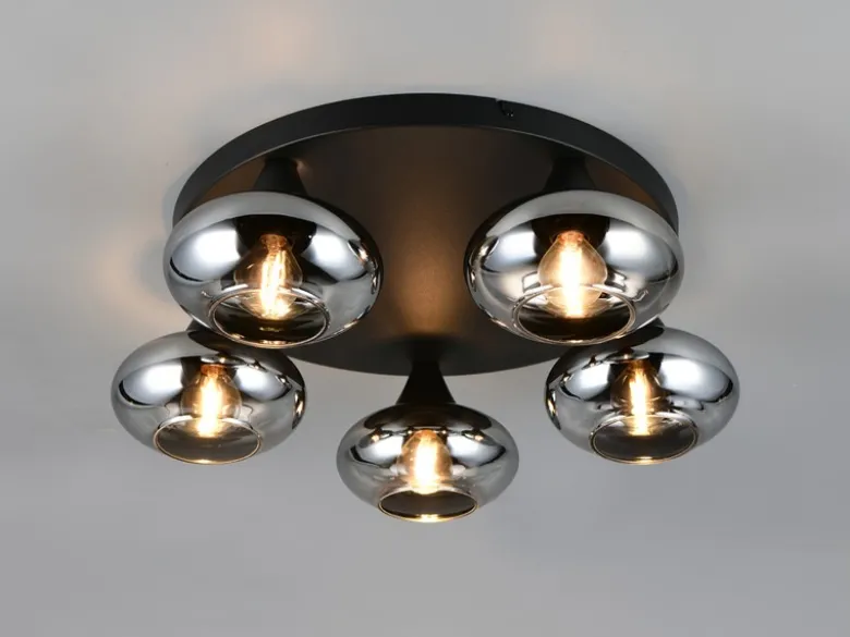 Deckenleuchte DIVINA rund mit 5 Rauchglas Lampenschirmen, Ø 49cm