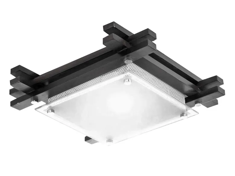 Deckenleuchte EDISON mit Holzrahmen und Glas, Quadrat 27cm