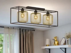 Deckenleuchte 3-flammig mit Lamellen Lampenschirmen Gold, Breite 83cm