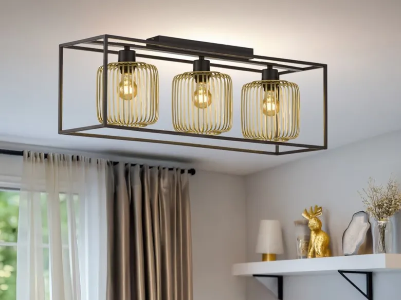Deckenleuchte 3-flammig mit Lamellen Lampenschirmen Gold, Breite 83cm