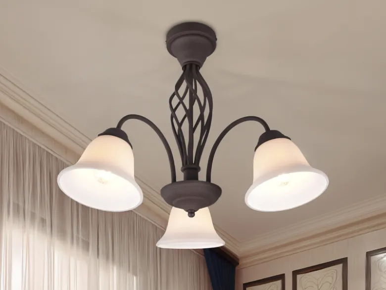 Deckenleuchte 3-flammig Rostoptik mit Glasschirmen Weiß & E14 LEDs Ø 55cm