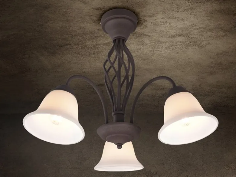 Deckenleuchte 3-flammig Rostoptik mit Glasschirmen Weiß & E14 LEDs Ø 55cm