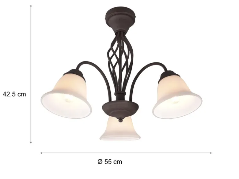 Deckenleuchte 3-flammig Rostoptik mit Glasschirmen Weiß & E14 LEDs Ø 55cm