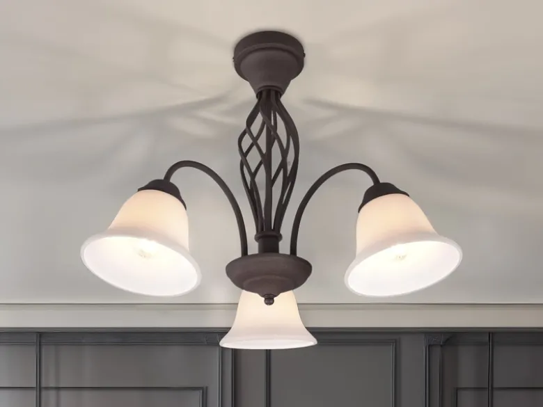 Deckenleuchte 3-flammig Rostoptik mit Glasschirmen Weiß & E14 LEDs Ø 55cm