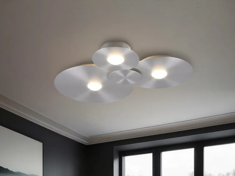 Deckenleuchte GRAVITY flach, 3 Scheiben mit LED Ringen, Alu gebürstet, B: 69cm