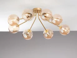 Deckenleuchte HONEY Gold mit 8 Glaskugeln Bernsteinfarbig, Breite 88cm