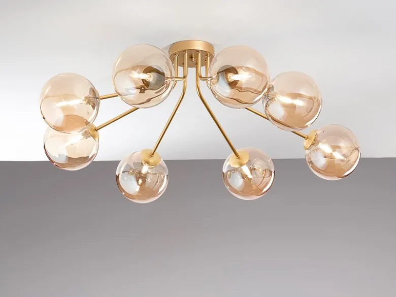 Deckenleuchte HONEY Gold mit 8 Glaskugeln Bernsteinfarbig, Breite 88cm