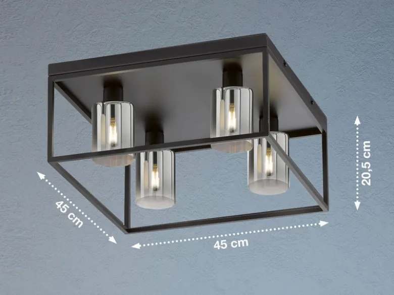 Deckenleuchte ISKA 4-flammig Schwarz mit Rauchglas, Quadrat 45cm