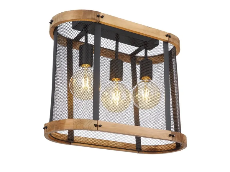 Deckenleuchte JEANIE mit Holz & Gitter Schwarz 3-flammig, Breite 45cm