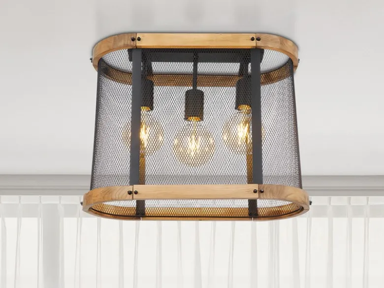Deckenleuchte JEANIE mit Holz & Gitter Schwarz 3-flammig, Breite 45cm
