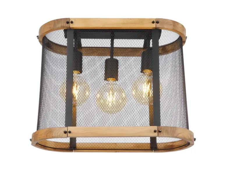 Deckenleuchte JEANIE mit Holz & Gitter Schwarz 3-flammig, Breite 45cm