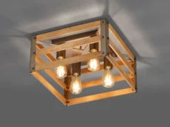 Deckenleuchte KHAN mit Echtholz Lampenschirm im Vintage Style, Quadrat 40cm
