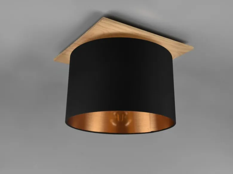 Deckenleuchte mit Stoff Lampenschirm in Schwarz/Gold und Holz Sockel, Ø 40cm