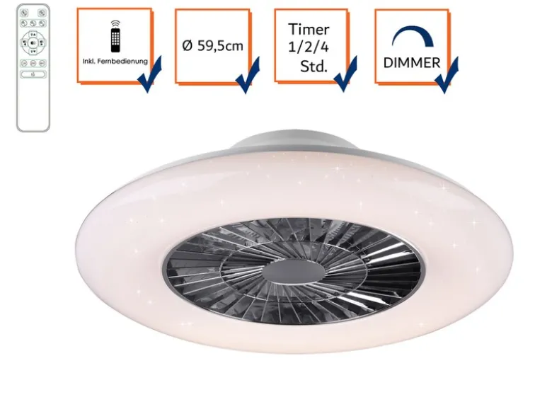 Deckenleuchte mit Ventilator 59cm Fernbedienung, dimmbar, Sternenhimmel