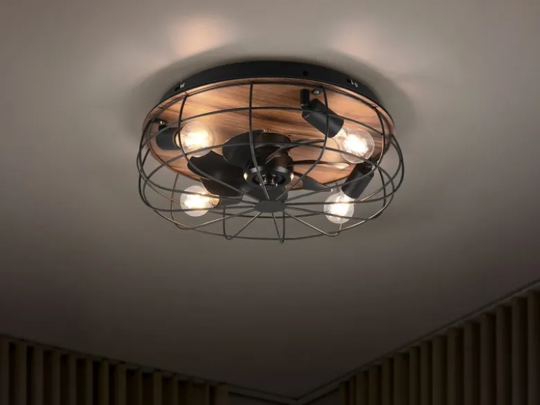 Deckenleuchte mit Ventilator TRONDHEIM, Fernbedienung Schwarz/Holzoptik, Ø 48cm