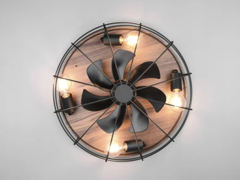 Deckenleuchte mit Ventilator TRONDHEIM, Fernbedienung Schwarz/Holzoptik, Ø 48cm